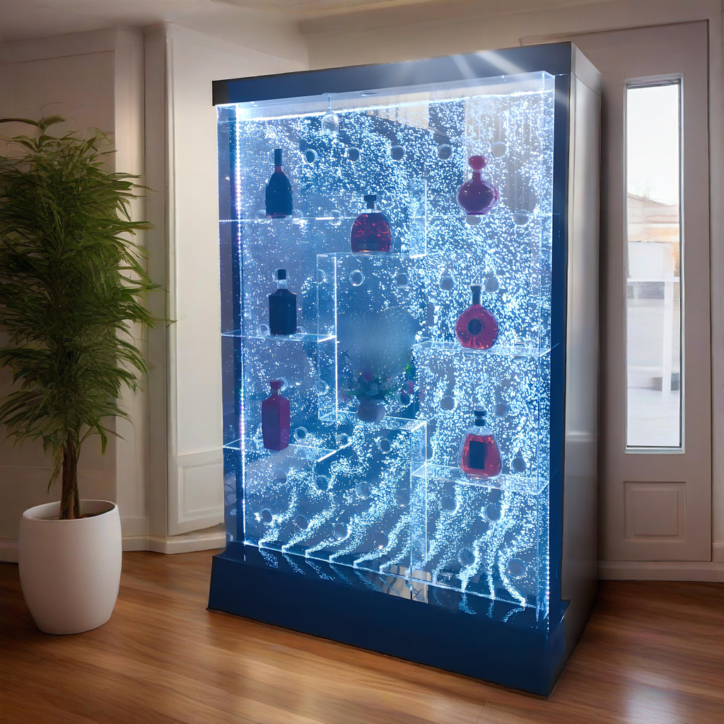 Futuristic display case with glowing blue interior and bottles inside, in a room with a plant and door.