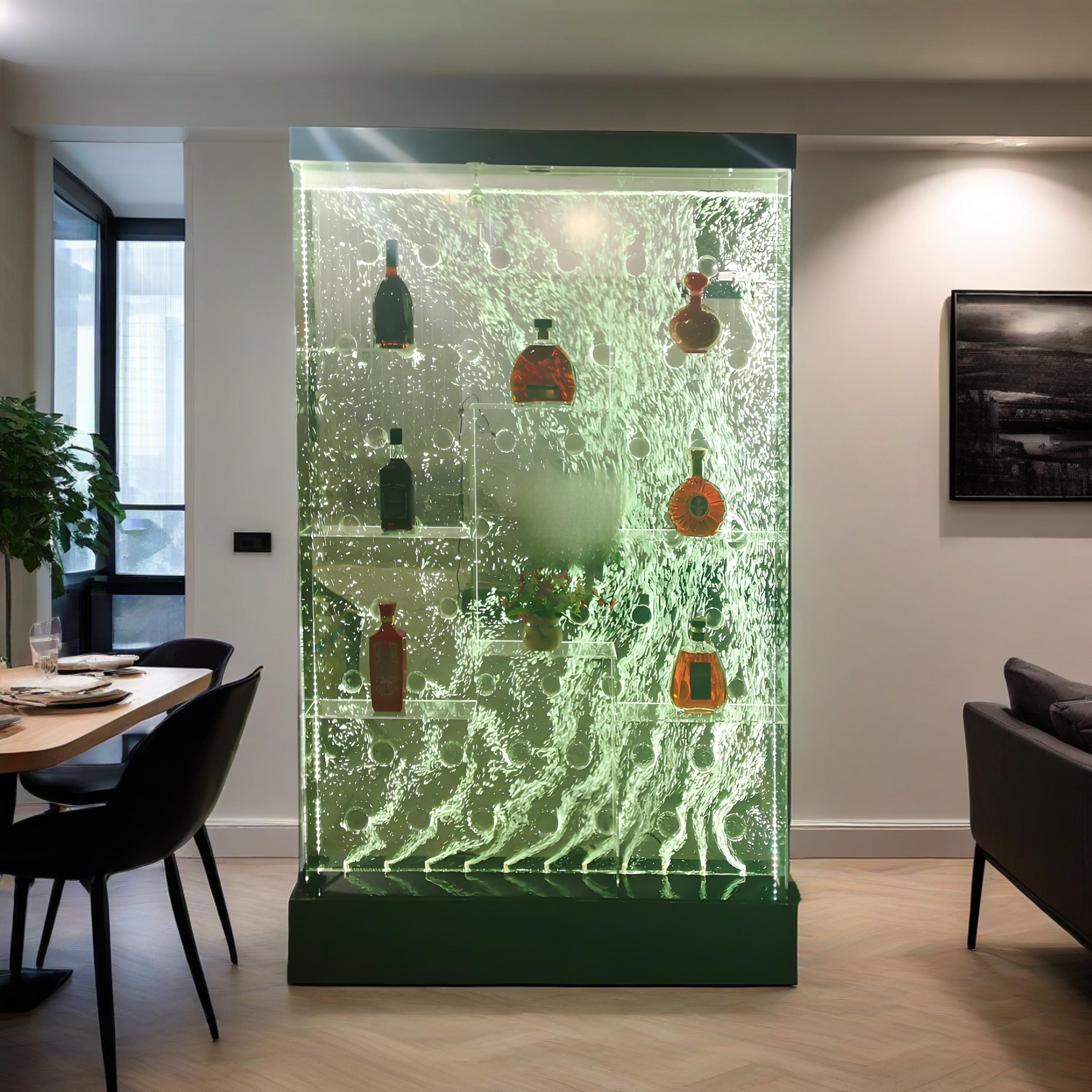 Modern interior with a decorative water feature displaying bottles.